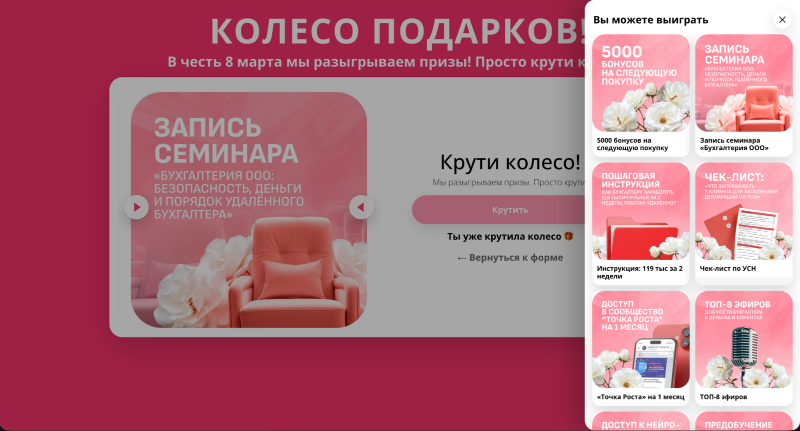 Колесо подарков - список призов